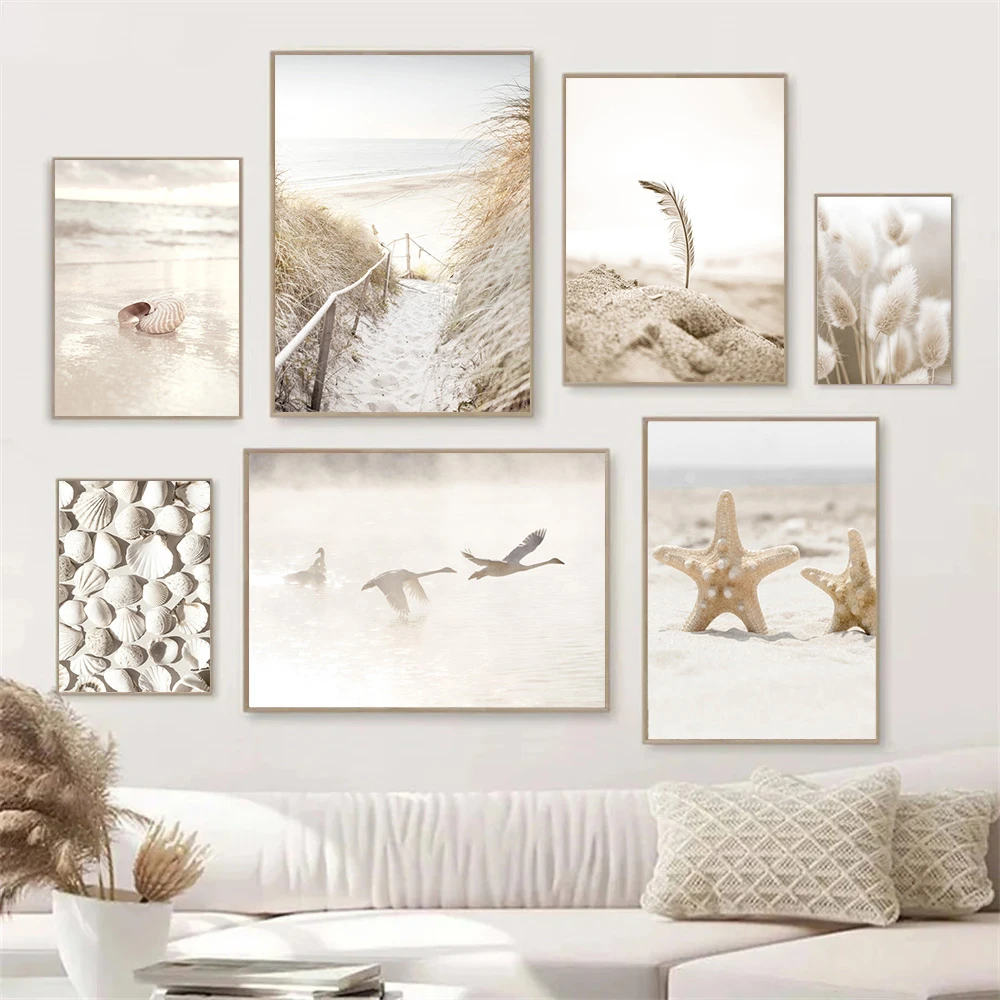 Pampas Grass Decor - Pôster de Paisagem Bege com Estrela-do-mar