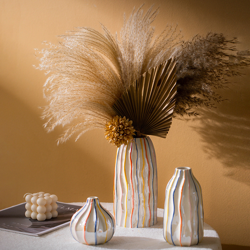 Pampas Grass Decor - Capiron colorido listra vaso de cerâmica