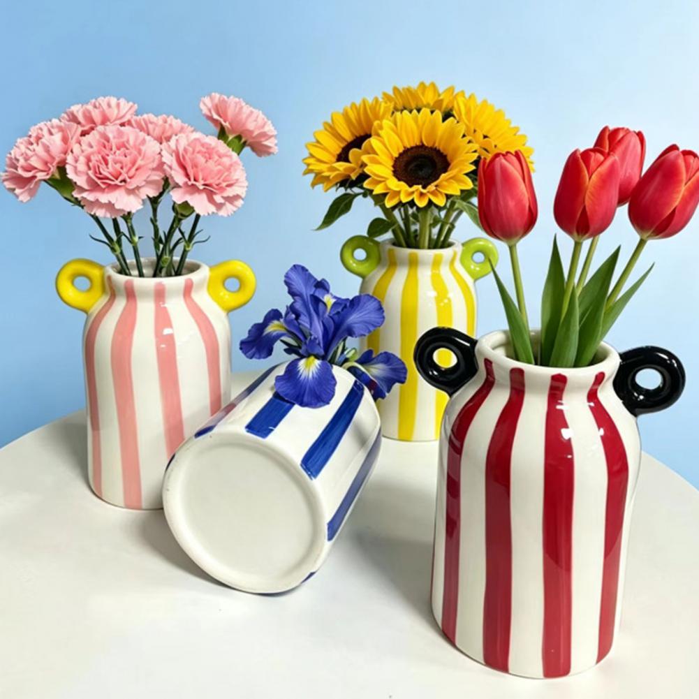 Pampas Grass Decor - Vaso de Cerâmica Listrado com Alças
