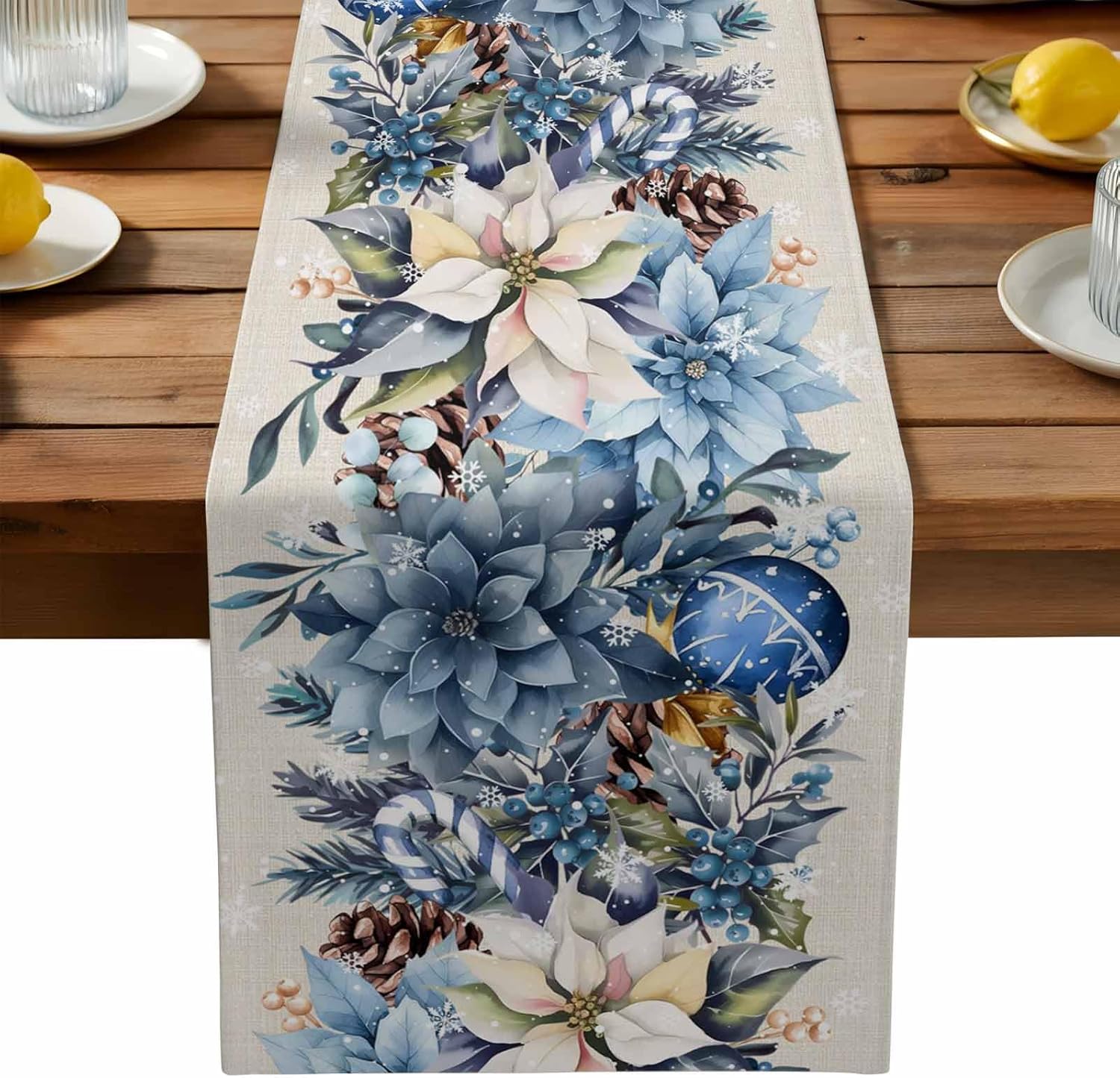 Natal azul poinsétia bola berr - Linen Table Runner avaliação e preço