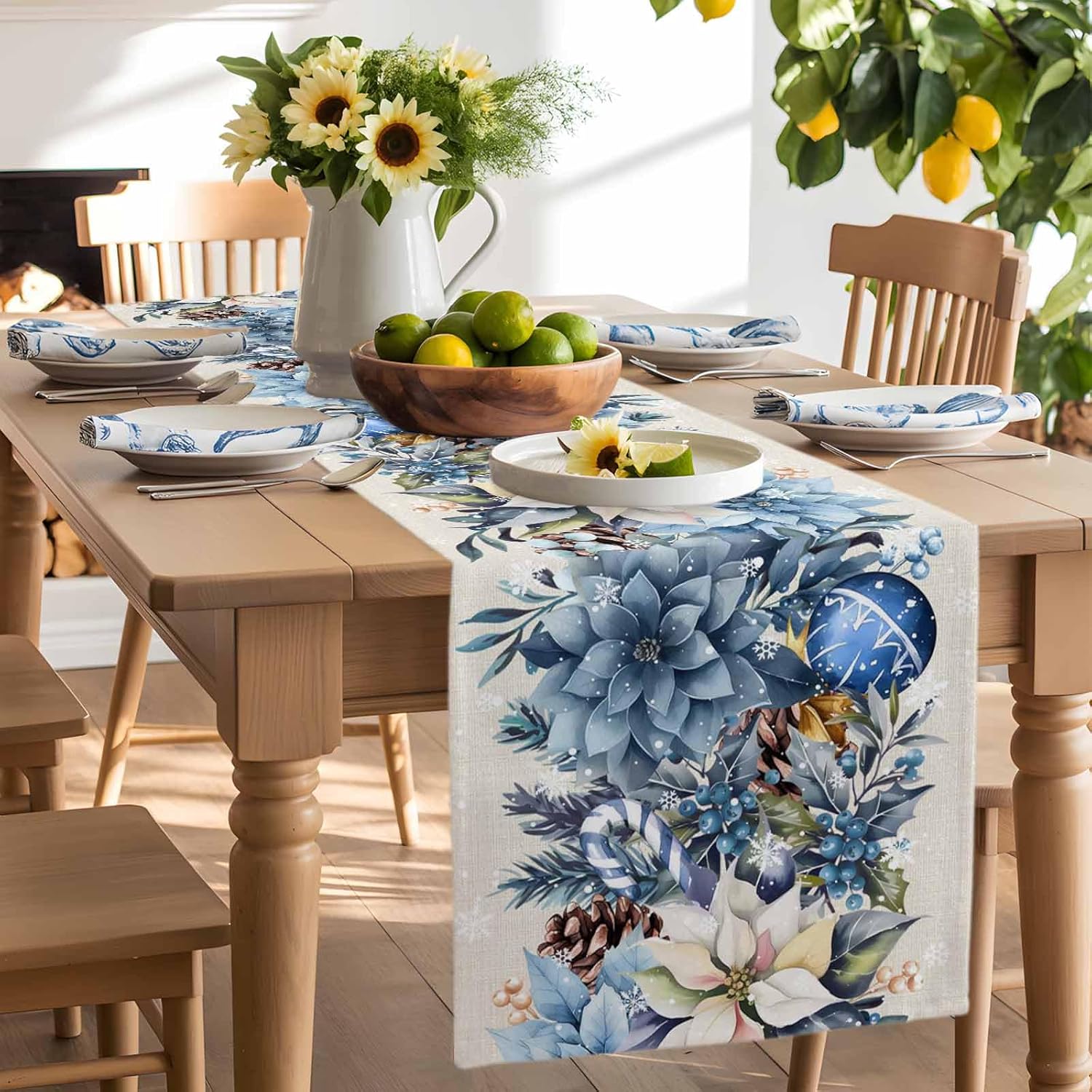 Natal azul poinsétia bola berr - Linen Table Runner avaliação e preço