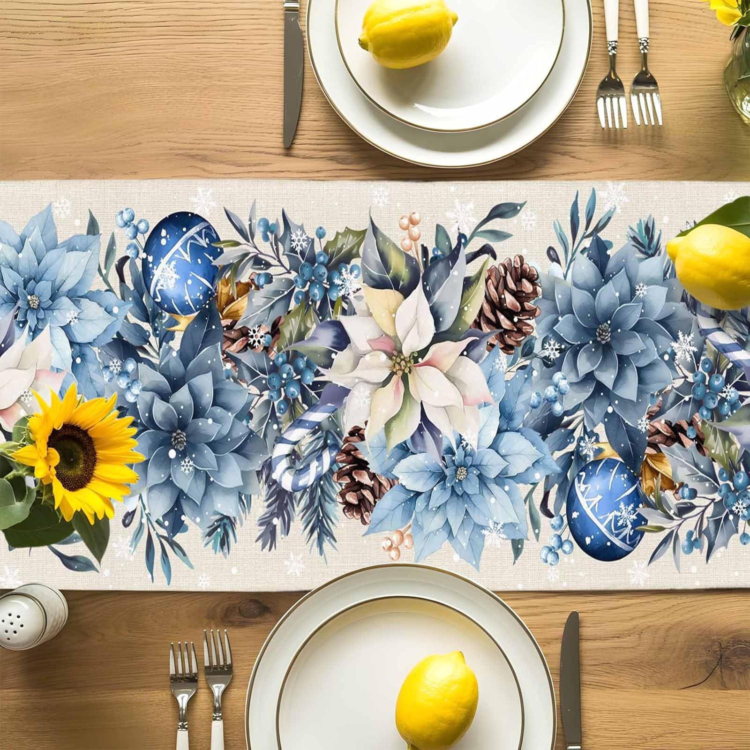 Natal azul poinsétia bola berr - Linen Table Runner avaliação e preço