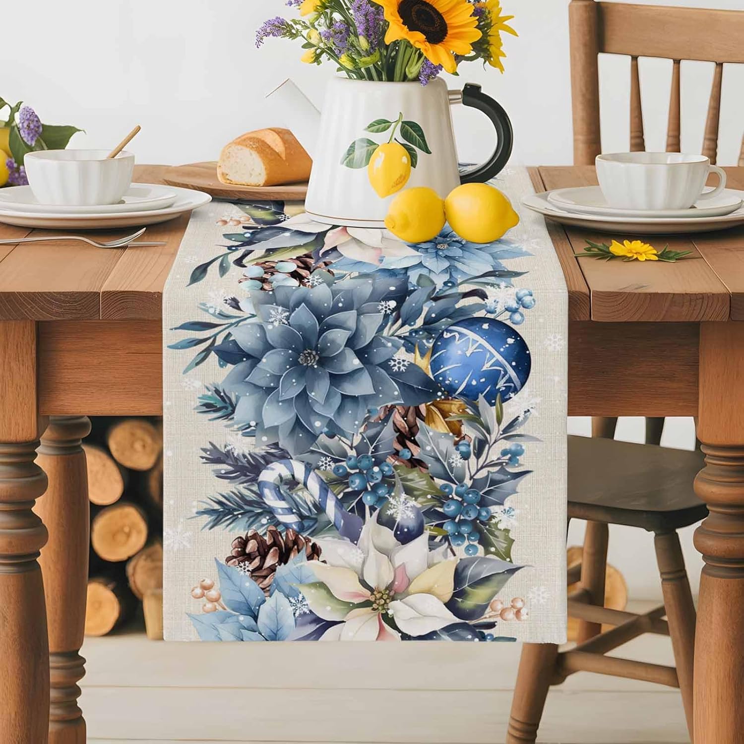 Natal azul poinsétia bola berr - Linen Table Runner avaliação e preço